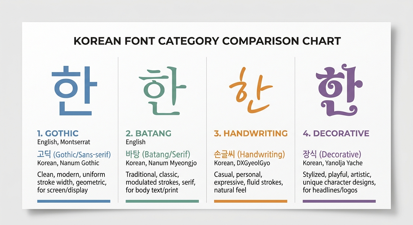 Comparison of Korean font categories: Gothic, Batang, Handwriting, and Display