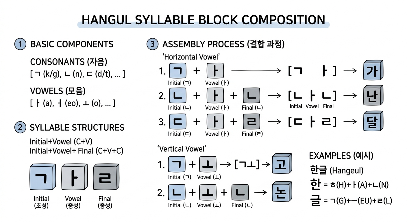 Hangul syllable block structure showing how consonants and vowels combine